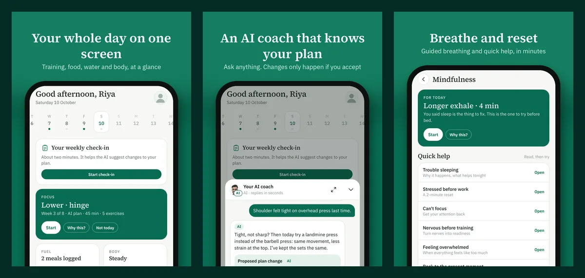 MiPhy app screens: Today, the AI coach and Mindfulness