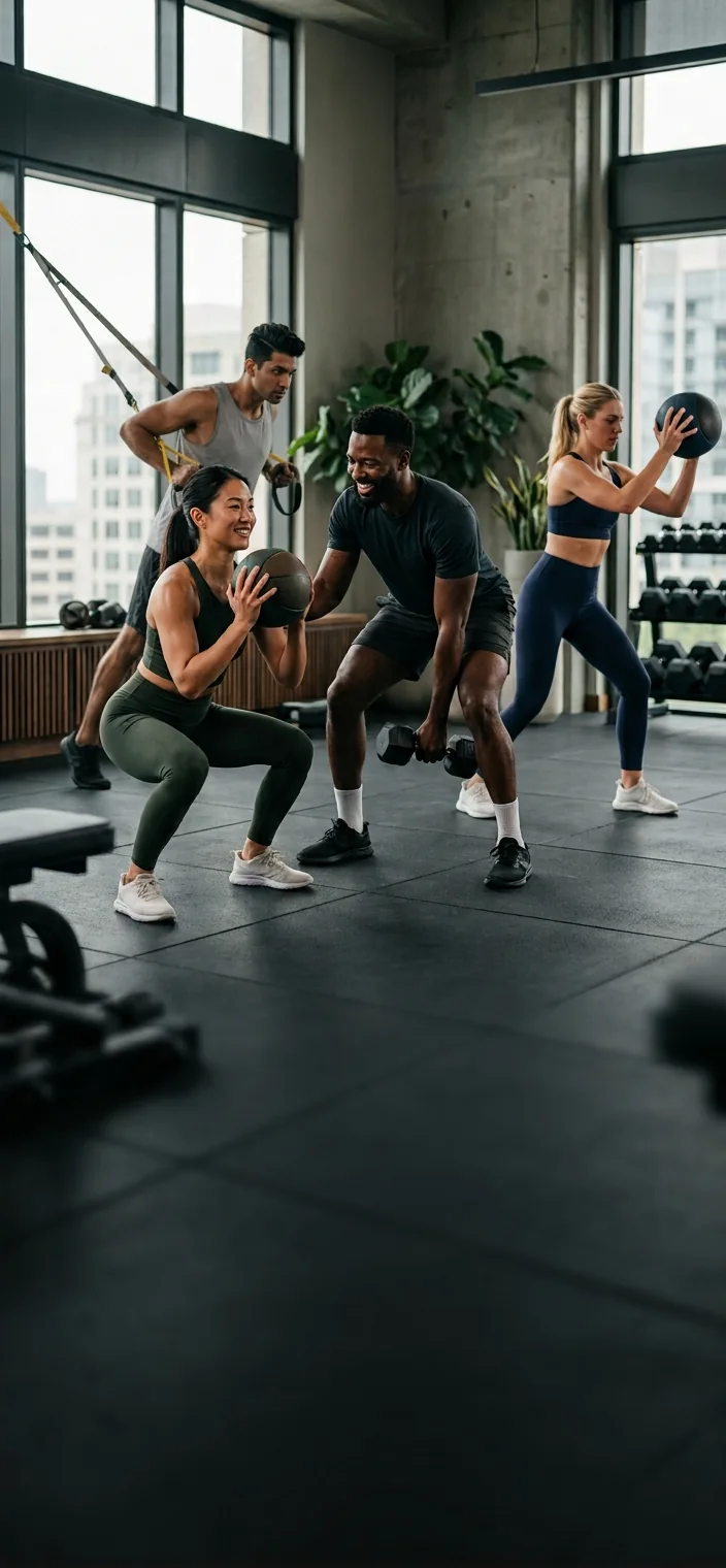 Illustrative small-group strength training in a bright gym